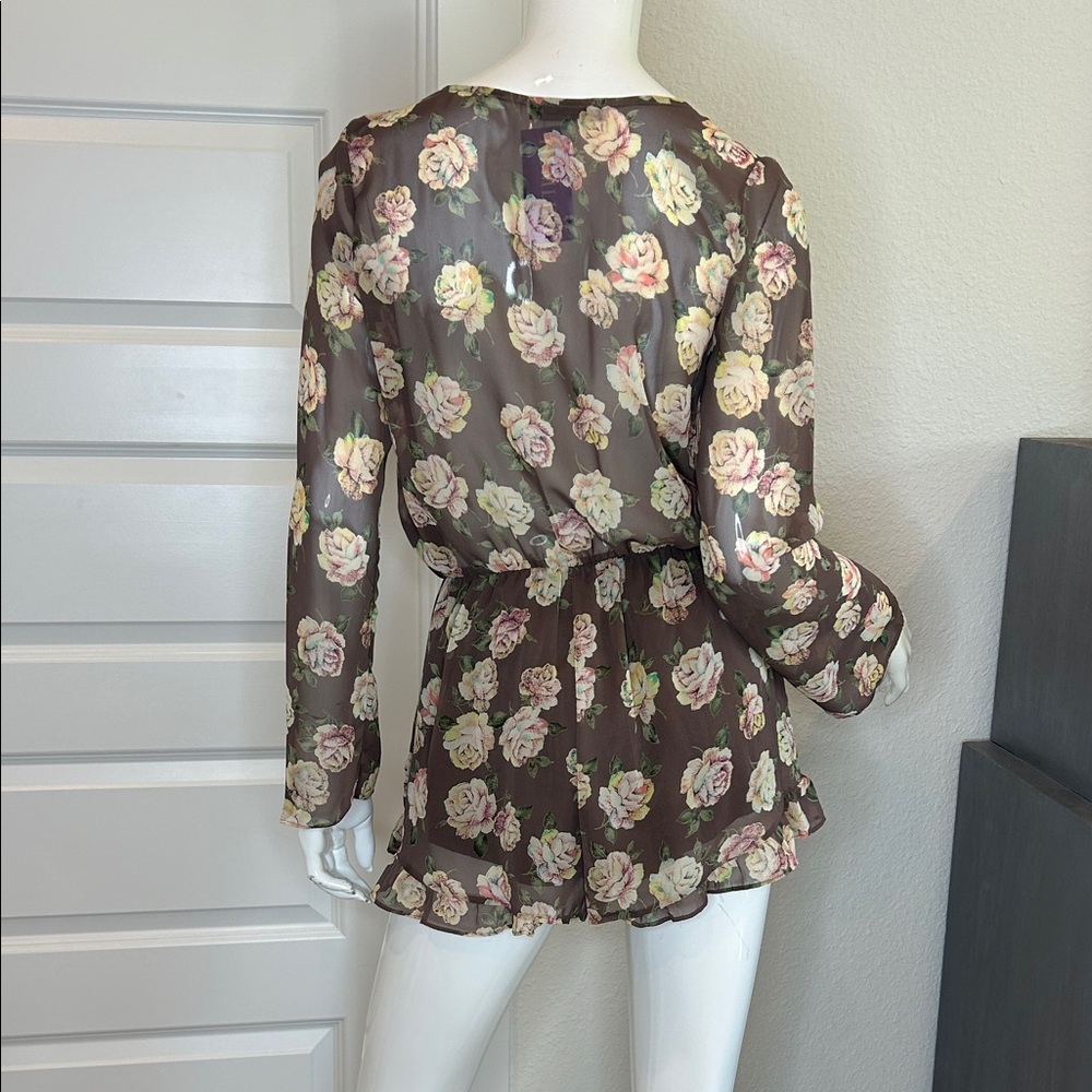 Honey Punch Brown Floral Surplice Long Sleeve Romper - Picture 5 of 11